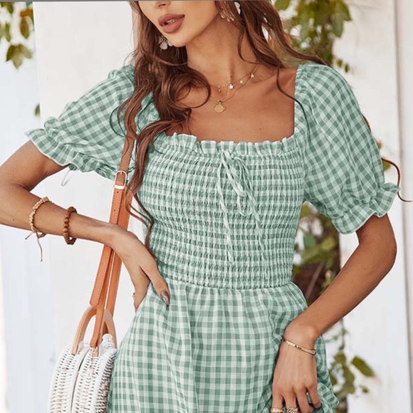 ๐ด Green Gingham Check Tie Back Midi Dress - Picture 5 of 6